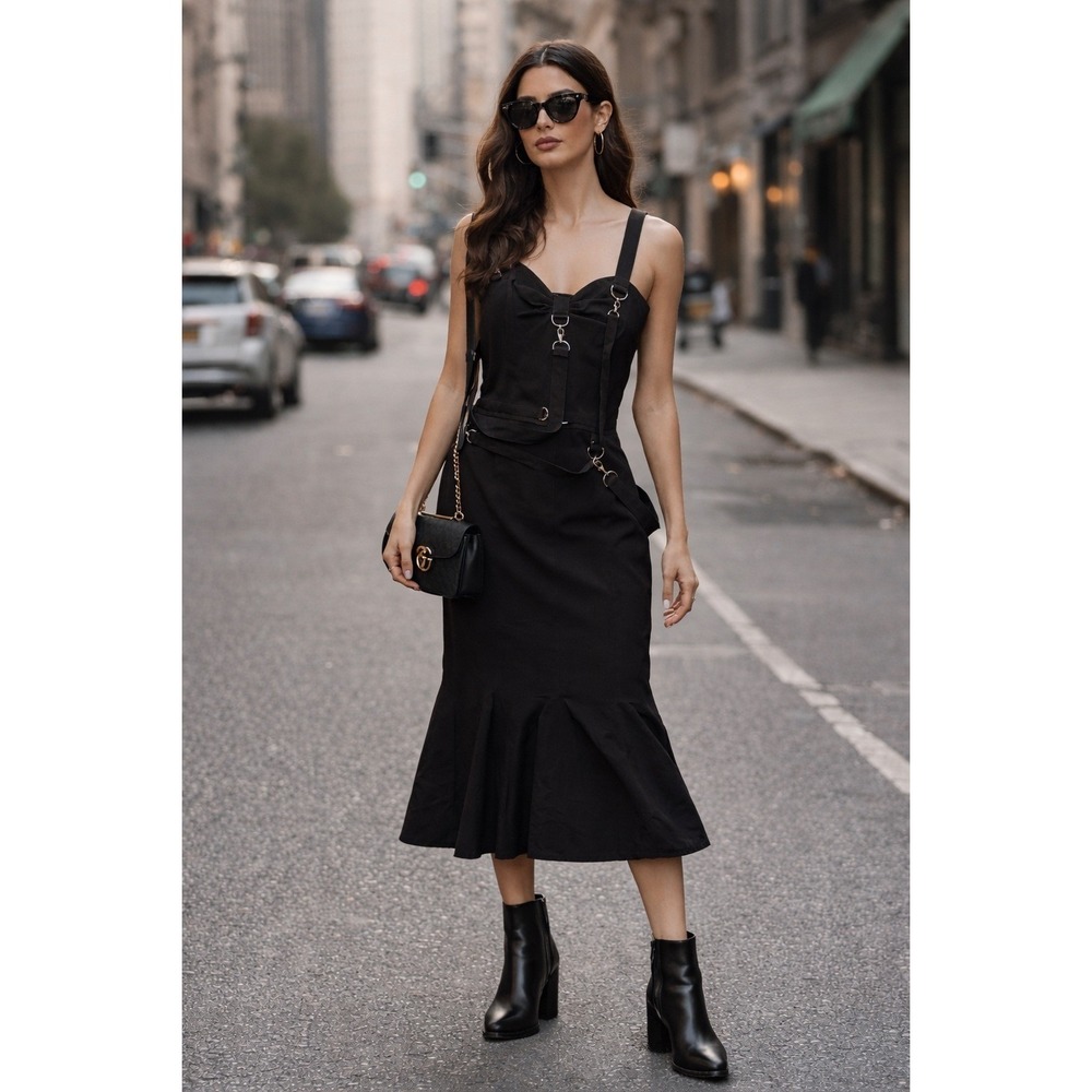 Moschino Jeans Black Strappy Buckle Midi Dress Fishtail Hem